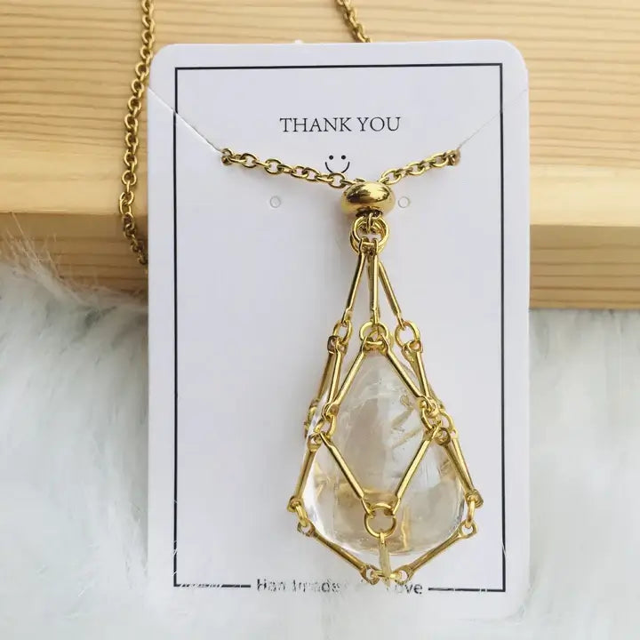 COLLAR JAULA DE CRISTAL -  Incluye Piedra De Cuarzo Rosa