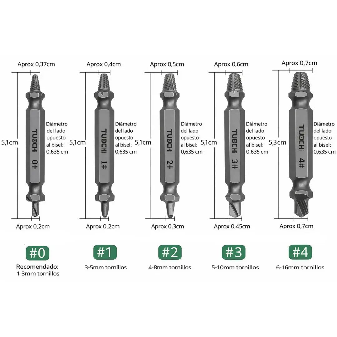 JUEGO EXTRACTOR DE TORNILLOS – Set Profesional x 5 Brocas Universales se adaptan a tu taladro
