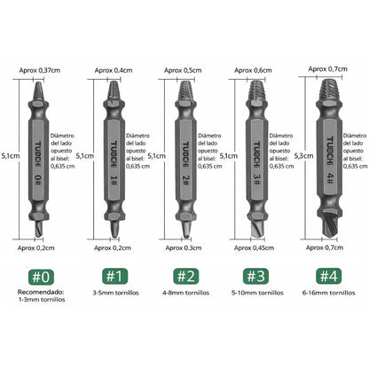 JUEGO EXTRACTOR DE TORNILLOS – Set Profesional x 5 Brocas Universales se adaptan a tu taladro