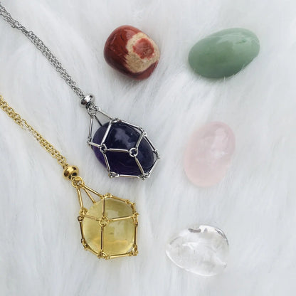 COLLAR JAULA DE CRISTAL -  Incluye Piedra De Cuarzo Rosa